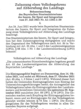 (Aktualisierung) Innenministerium hat Antrag auf Zulassung eines Volksbegehrens auf Abberufung des Landtags stattgegeben
