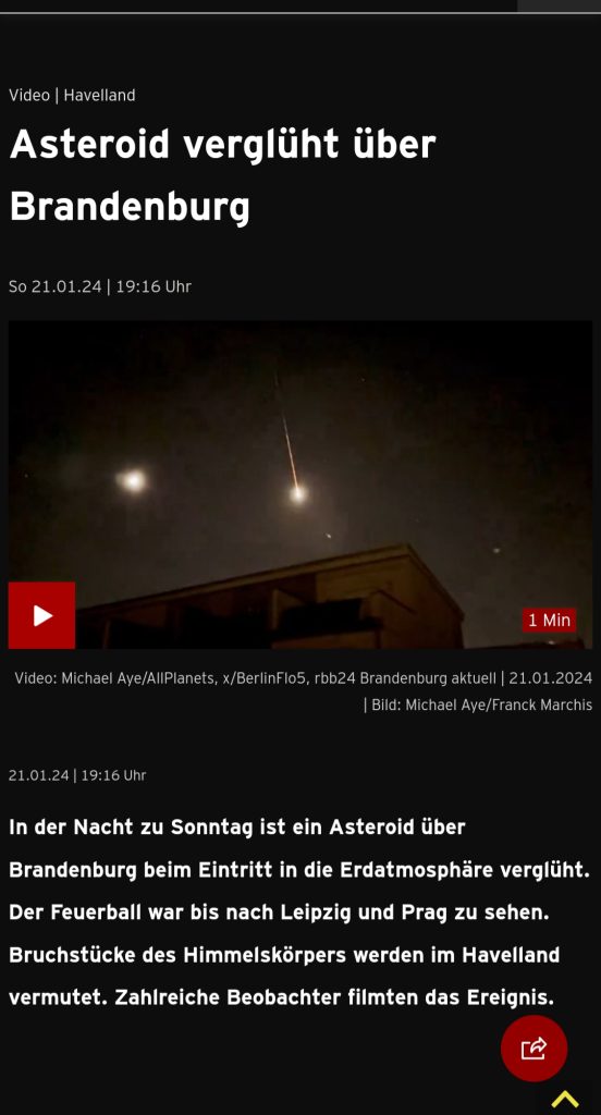 Asteroid verglüht über Brandenburg